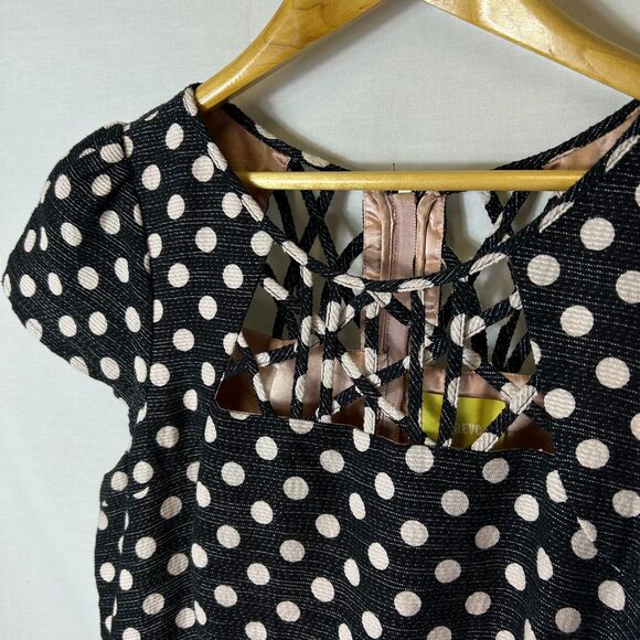 Anthropologie Maeve Nikola Black Cream Dot Print Lattice Neck SS Dress Size 12 - Picture 5 of 16